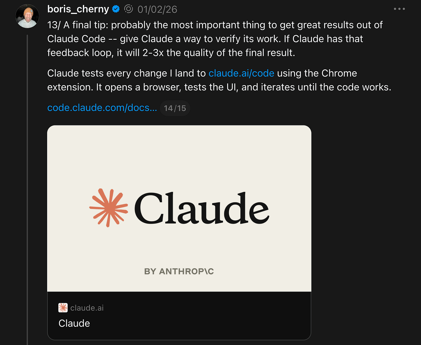 Boris on giving Claude verification feedback loops
