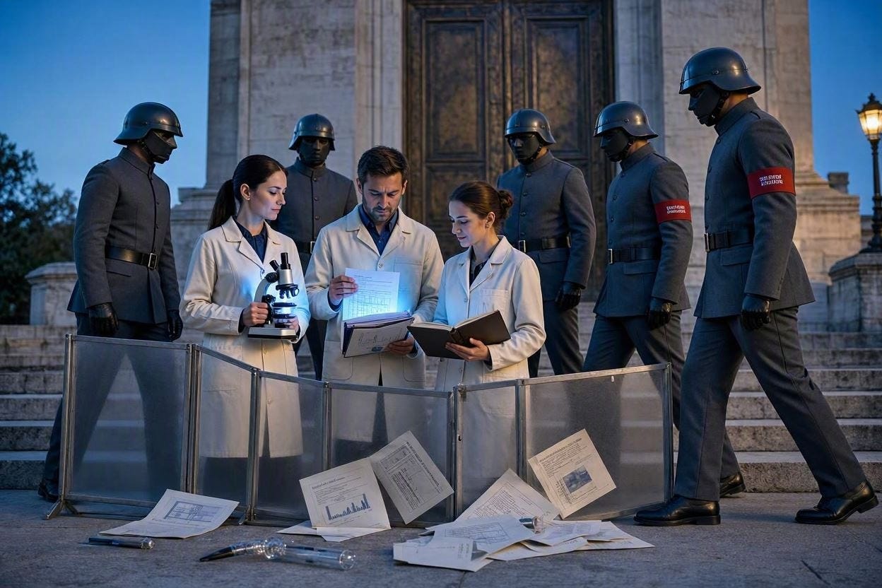 An image of auythoritatin forces pushing bck against scientific inquiry 