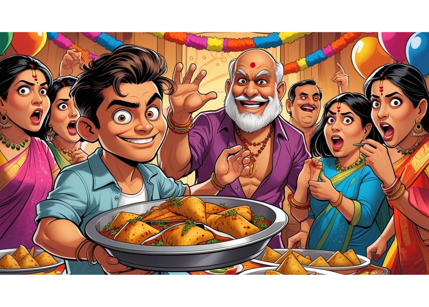 A humorous illustration of an Indian housewarming party. A mischievous young man stands confidently holding a plate of food, while a bald older uncle lectures a group of guests. A woman walks away angrily in the background as gossiping aunties look on. The scene is colorful, crowded, and full of awkward comedic tension. A humorous illustration of an Indian housewarming party. A mischievous young man stands confidently holding a plate of food, while a bald older uncle lectures a group of guests. A woman walks away angrily in the background as gossiping aunties look on. The scene is colorful, crowded, and full of awkward comedic tension.