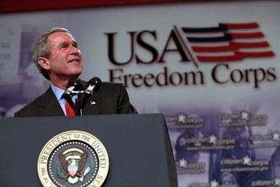 Left: President George W. Bush Freedom Corps | Right: George W. Bush serves at a food pantry