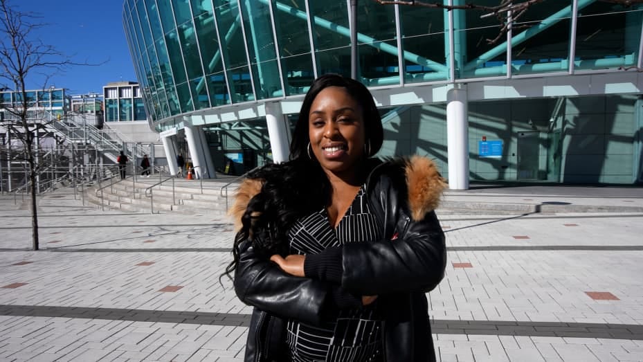 Chisom Okwulehie outside of Harrison Station in Harrison, New Jersey.