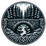 norse design - like a medieval woodcarving. old, worn, stone bridge in the forest. border norse design - like a medieval woodcarving. old, worn, stone bridge in the forest. border