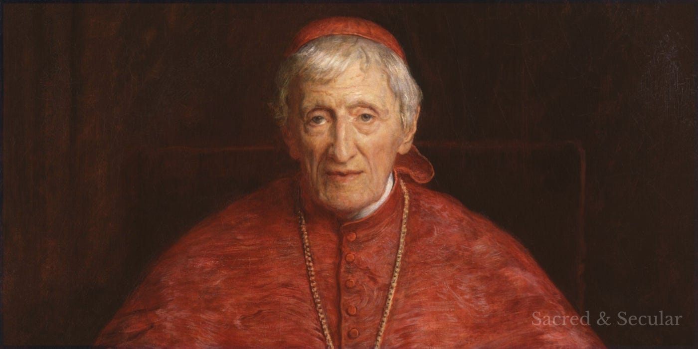 Portrait of John Henry Newman in cardinal’s robes, seated and looking thoughtfully towards the viewer.