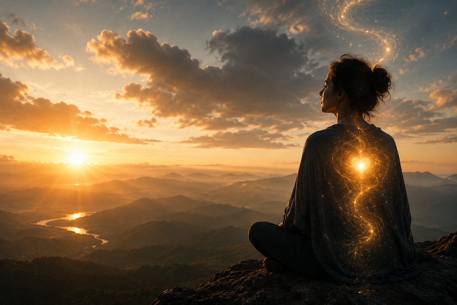 Meditative figure overlooking a vast landscape at sunrise with a glowing inner light, representing the shift from performance and self-reliance toward intuition, interconnectedness, forgiveness, and the deeper questions that success alone cannot answer. Inspired by John R. Miles' conversation with spiritual teacher and former Navy commander Suzanne Giesemann.