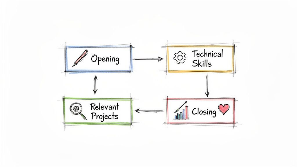 Flowchart outlining a professional process: Opening, Technical Skills, Closing, and Relevant Projects. Flowchart outlining a professional process: Opening, Technical Skills, Closing, and Relevant Projects.