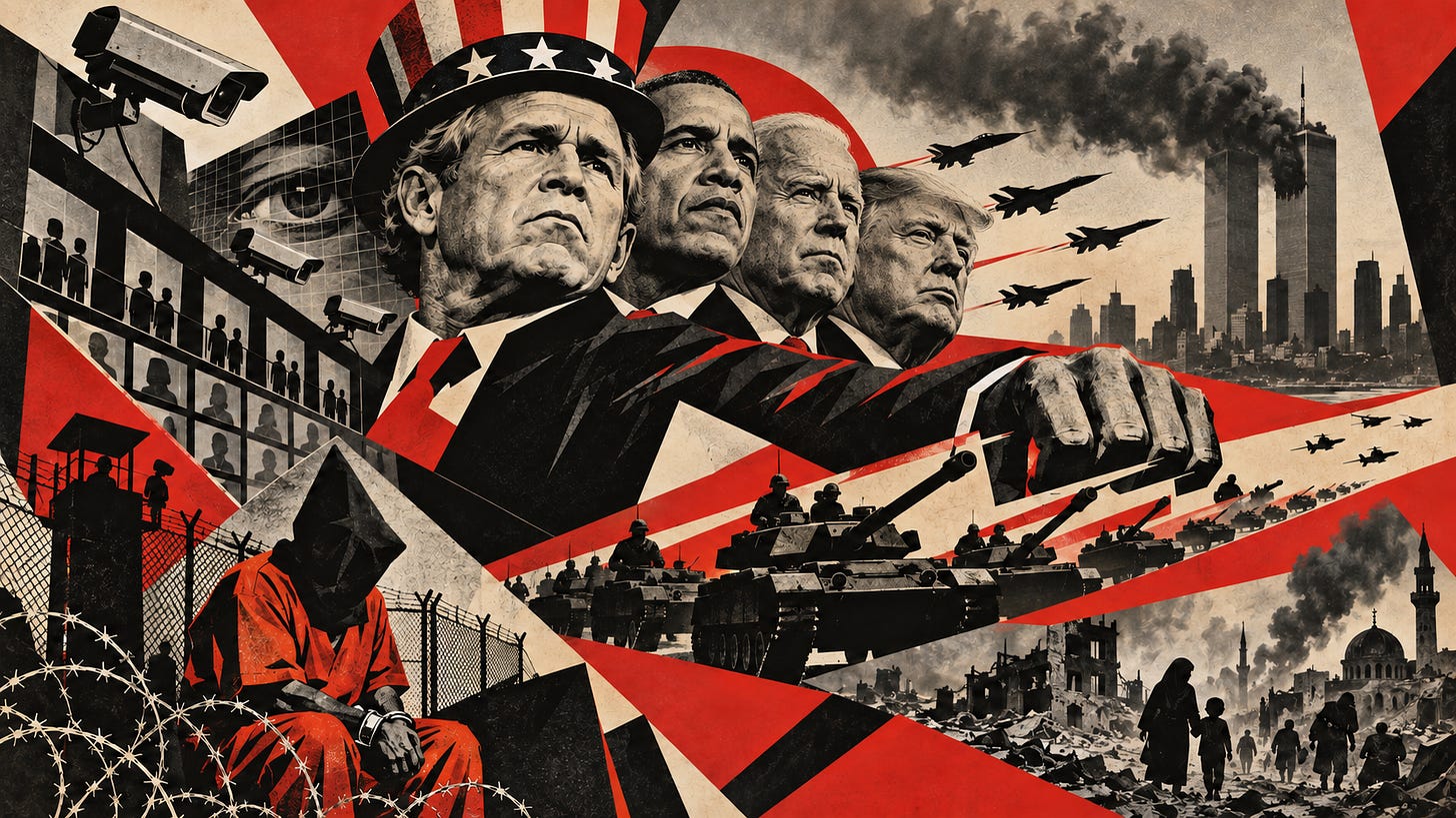 Montaje constructivista con Bush, Obama, Biden y Trump, rodeados de símbolos del 11-S, la guerra contra el terrorismo, la vigilancia, Guantánamo y la destrucción bélica.