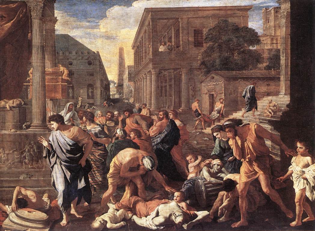 Nicolas Poussin painting, The Plague of Ashdod, showing plague victims in a classical city square Nicolas Poussin painting, The Plague of Ashdod, showing plague victims in a classical city square