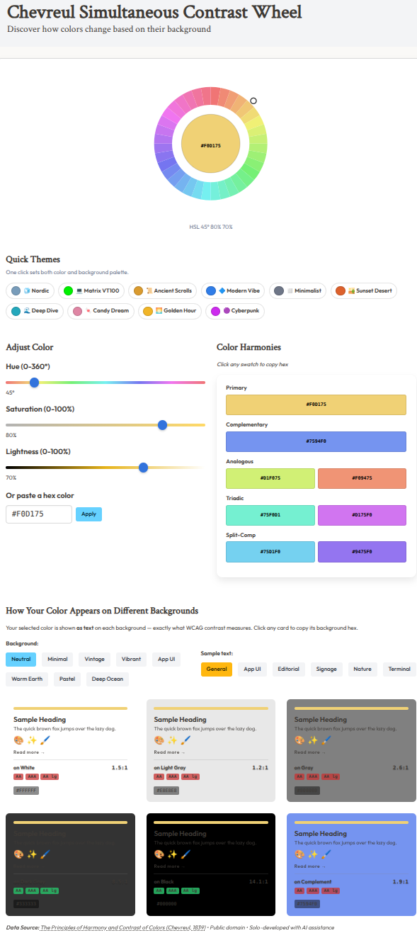 Screenshot: Chevreul Simultaneous Contrast Wheel — main view showing the SVG arc wheel, HSL sliders with live gradient tracks, the 8-group harmonies panel, and the WCAG contrast cards with AA/AAA pass/fail badges and text demo