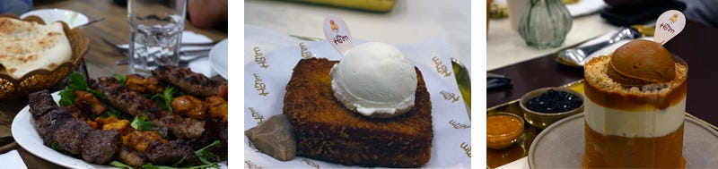 BBQ kebabs and flatbread, a toastie with ice cream on top and a very ice cream-ish dessert.