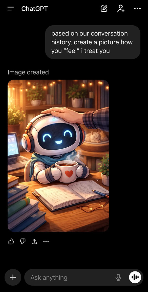 Screenshot showing a chatbot creating a cute image of a happy robot being petted by a human user.