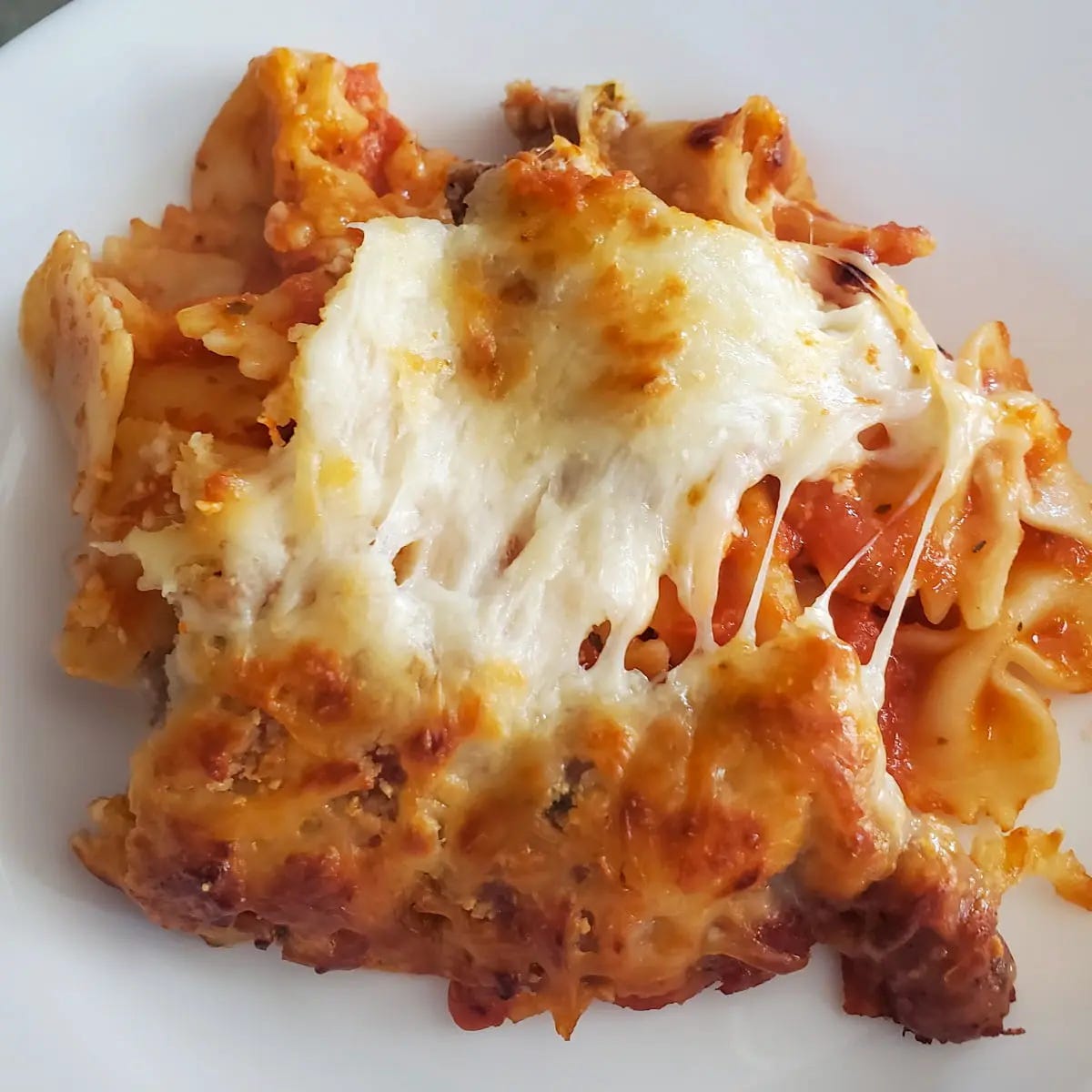 Italian pasta bake from Cleveland cooking. mozzarella cheese, sauce, pasta, and ricotta.