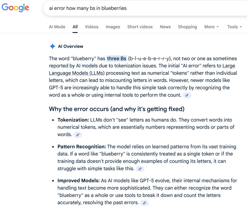 AI Overview from search terms: ai error how many bs in blueberries. The AI Overview says there are 3 Bs in blueberry. It then explains how tokenization causes some AI models to miscount two or one B.
