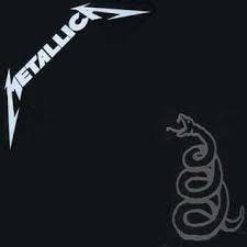 The album cover for Metallica's self-titled album (often called "The Black Album"), featuring a minimalist black design with a faint snake emblem and the band's logo in white.