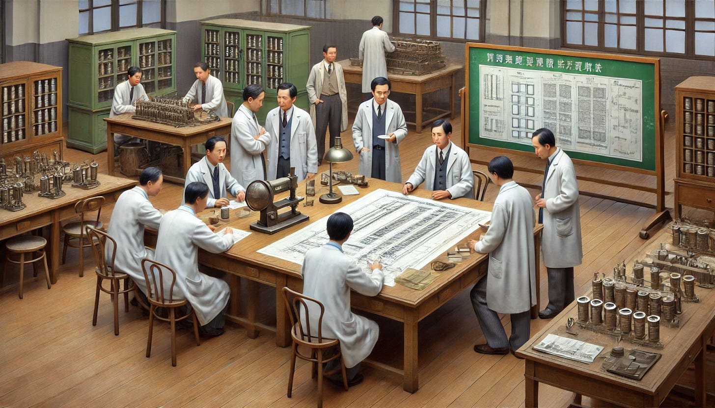 A wide aspect ratio image depicting a group of Chinese scientists in the 1990s working on developing Li-ion battery technology around a table. The scene should look realistic, with the scientists wearing period-appropriate clothing and lab coats, engaged in discussions, examining blueprints, and working with early prototypes of Li-ion batteries. The laboratory setting should include equipment and tools from the 1990s, creating an authentic and detailed environment that reflects the era's technological advancements.
