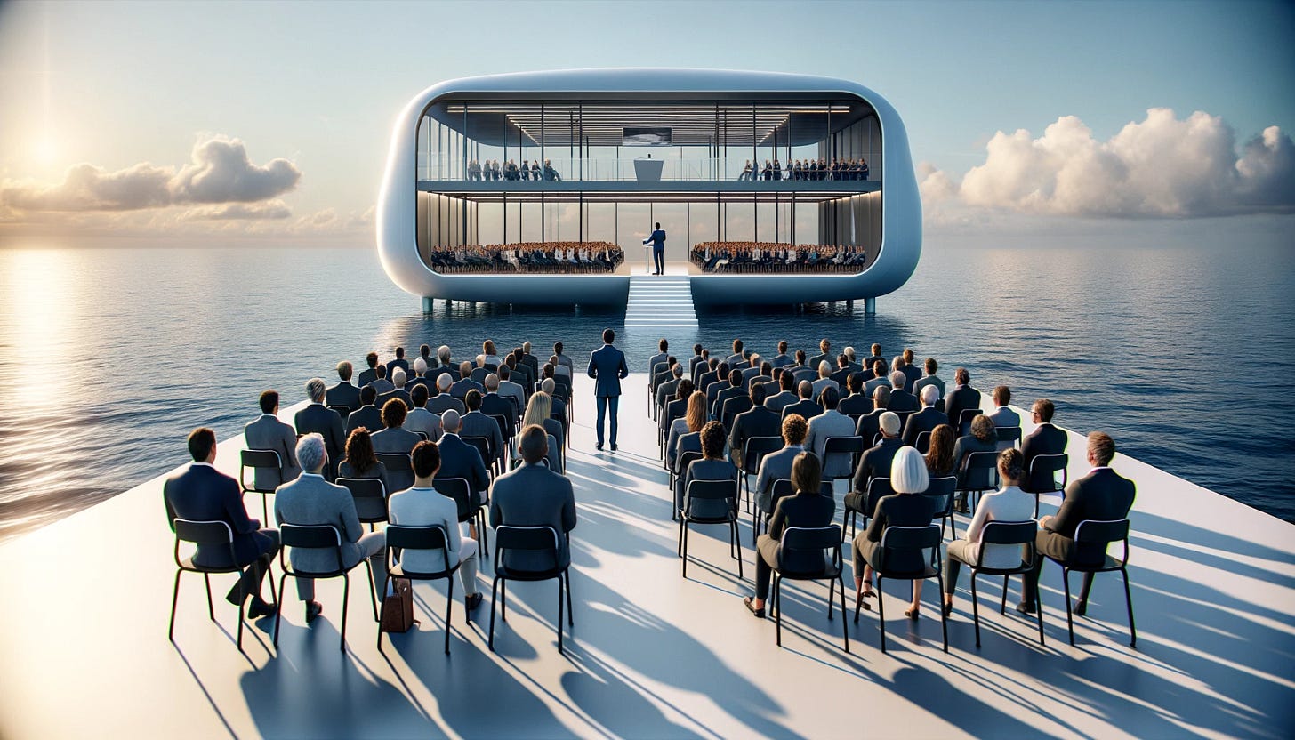 Imagine a modern seastead platform where a speaker stands confidently in front of a seated audience, delivering an engaging talk. The scene is captured from behind the speaker, providing a clear view of the audience who are attentively seated in chairs, facing the speaker. This advanced oceanic platform is designed with sleek, sustainable architecture, reflecting a commitment to innovation and environmental stewardship. The audience is diverse, representing a range of ages and backgrounds, all united by their interest in the speaker's message. The backdrop is a serene ocean, under a clear sky, enhancing the atmosphere of forward-thinking and optimism at this unique gathering.