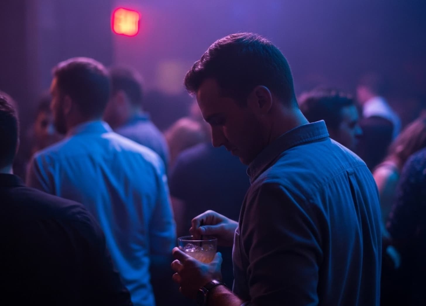 A single man standing in a crowded gay bar.