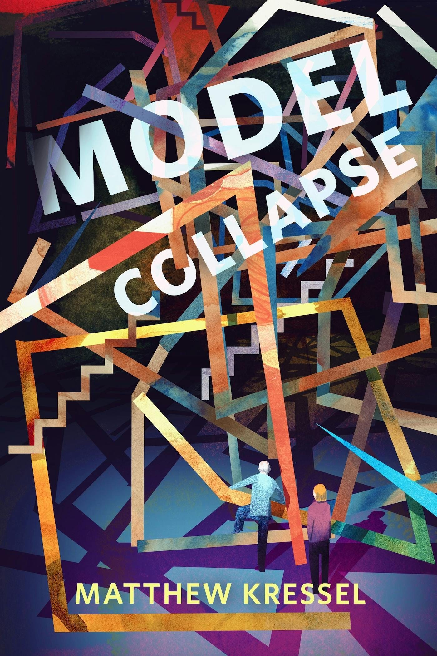 Cover for "Model Collapse" a short story by Matthew Kressel. Two small figures climb through a tangled mazelike structure, like the distorted frame of a house. The pastel colors are bright and colorful, but the scene has an aura of darkness. 