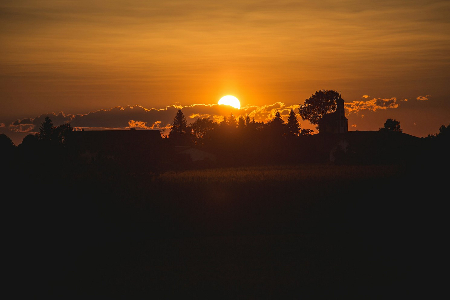 Sun rising from clouds at dawn with trees in the midground

