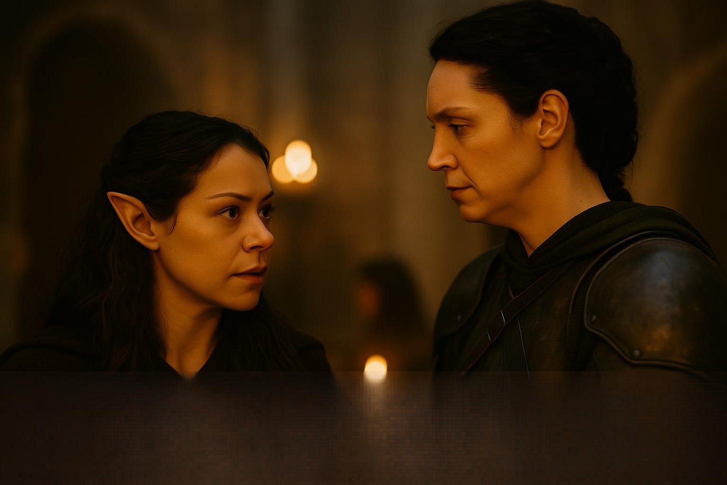 Silverleaf, visually inspired by Tatiana Maslany with elven features, is talking to Clarion, a human visually inspired by Gwendolyne Christie but with black hair. They stand in a quiet forest clearing at dusk, mist curling around their boots. Silverleaf's expression is thoughtful, her elven features sharp and graceful, while Clarion listens intently, her armor catching the last light of day. The atmosphere is intimate, cinematic, and filled with quiet tension between two allies.