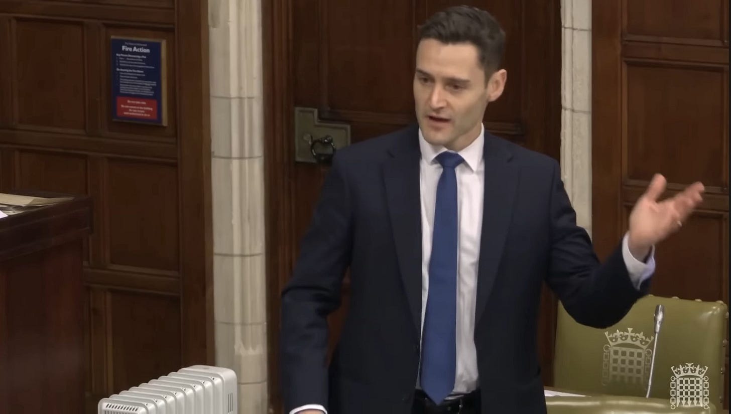 Photo shows Dr Luke Evans MP speaking at the Westminster Hall debate. 