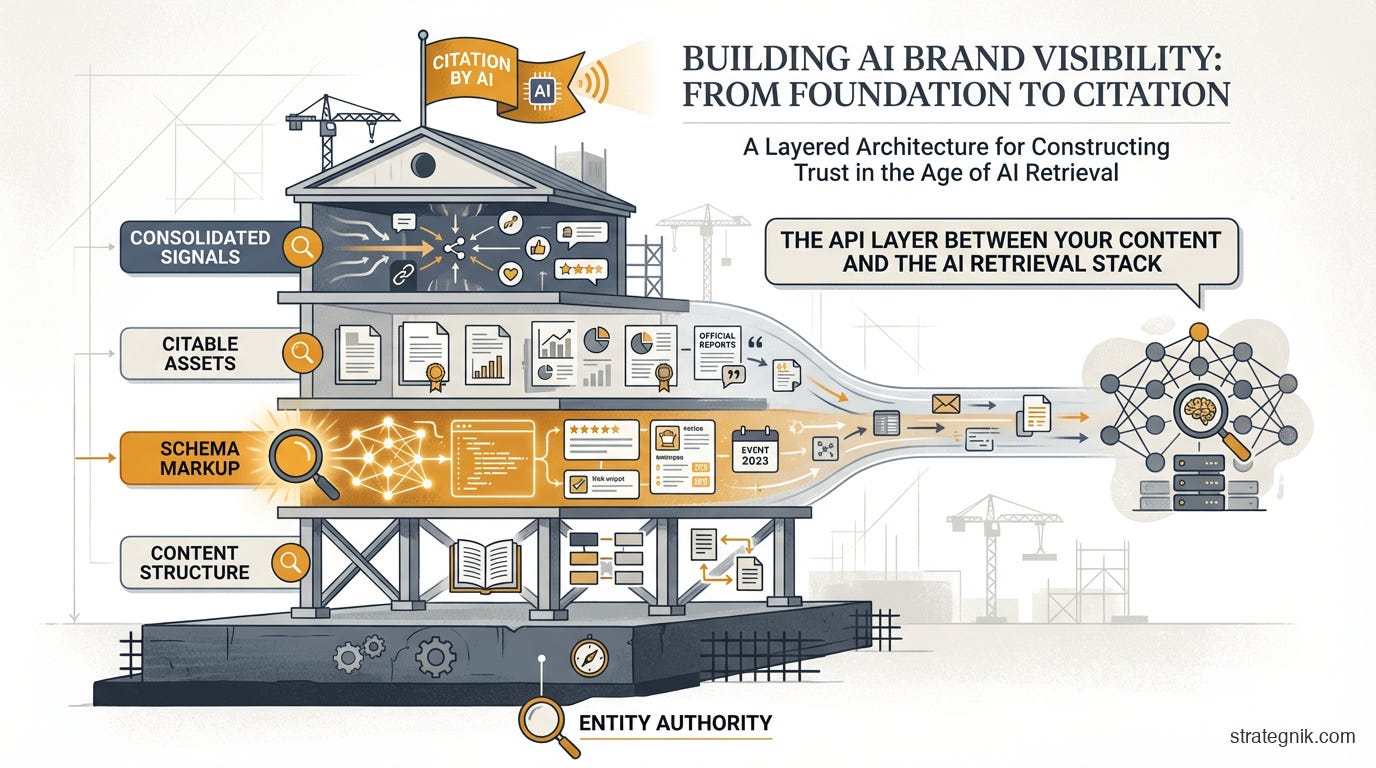 Layered stack diagram showing the AI visibility architecture — entity authority at the foundation, then content structure, schema markup, citable assets, and consolidated signals building toward AI citation Layered stack diagram showing the AI visibility architecture — entity authority at the foundation, then content structure, schema markup, citable assets, and consolidated signals building toward AI citation
