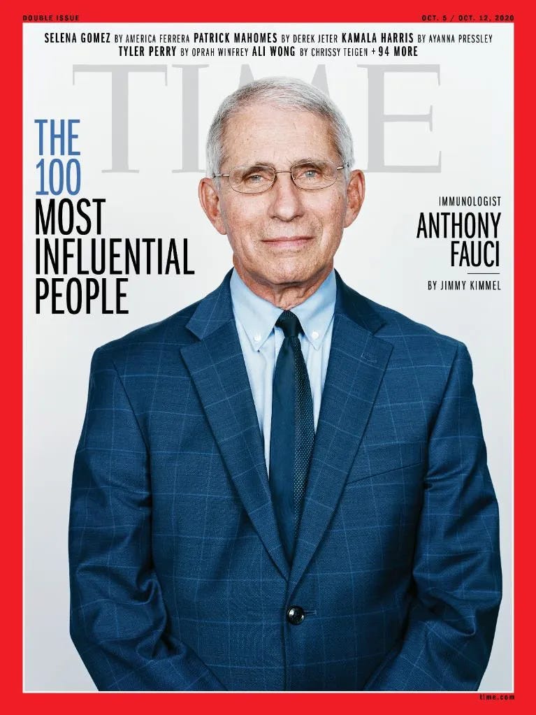 TIME 100 Most Influential People cover featuring immunologist Anthony Fauci, written by Jimmy Kimmel