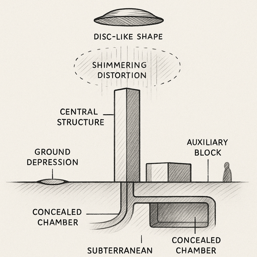 Black and white functional diagram depicting a central tower with a disc above and a shimmering distortion zone. Below ground, a concealed chamber, subterranean conduits, and auxiliary blocks are labeled.