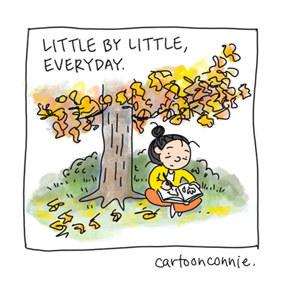 Panel 6 of 6-panel comic strip about recovering from depression over time. The panels illustrate a wilted plant in darkness, getting water and light, little by little, everyday. Titled "How I Got Better," by Connie Sun, cartoonconnie, 2025. 