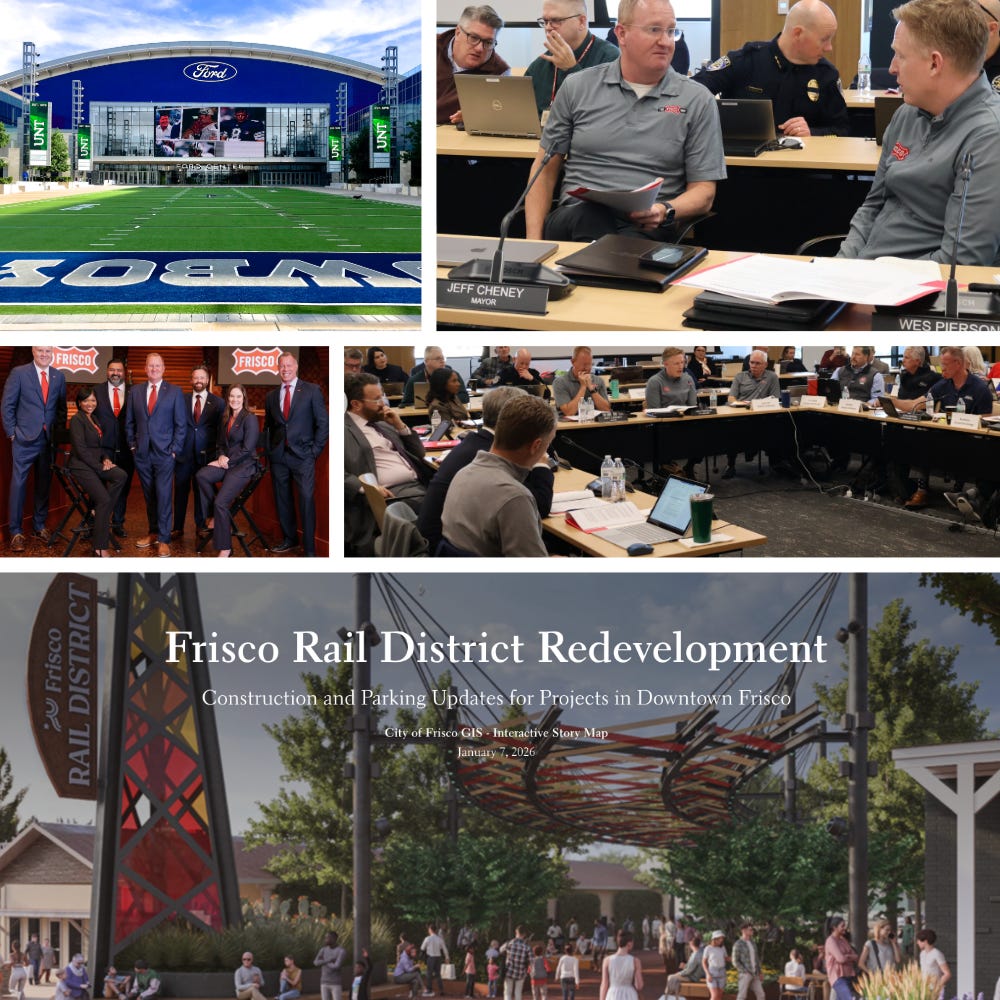 Collage of images related to Frisco, Texas city planning and leadership. Top left: The Ford Center at The Star, home of the Dallas Cowboys, with UNT branding on the field. Top right: Frisco Mayor Jeff Cheney and City Manager Wes Pierson speaking during a meeting. Middle left: City of Frisco Council members in formal attire with Frisco branding. Middle right: City council and staff seated around a large U-shaped table engaged in a strategic work session. Bottom: Cover image of the “Frisco Rail District Redevelopment” interactive story map, showing a rendering of a vibrant downtown public space with a crowd beneath a colorful canopy structure. Collage of images related to Frisco, Texas city planning and leadership. Top left: The Ford Center at The Star, home of the Dallas Cowboys, with UNT branding on the field. Top right: Frisco Mayor Jeff Cheney and City Manager Wes Pierson speaking during a meeting. Middle left: City of Frisco Council members in formal attire with Frisco branding. Middle right: City council and staff seated around a large U-shaped table engaged in a strategic work session. Bottom: Cover image of the “Frisco Rail District Redevelopment” interactive story map, showing a rendering of a vibrant downtown public space with a crowd beneath a colorful canopy structure.
