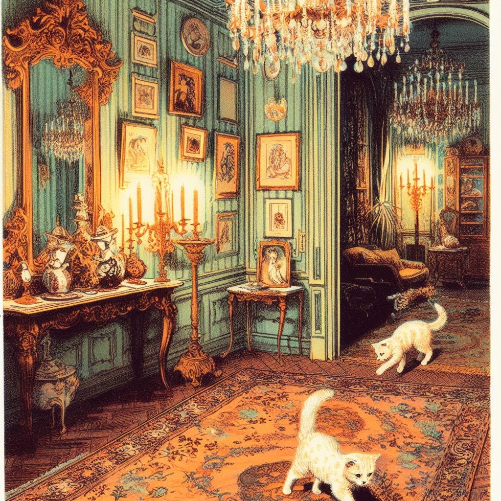 a tasteful french illustration from the 1970s of a hallucinatory haunted photograph of a forgotten memory of an elegant and chic projection of a beautiful girl's impossibly stylish apartment in the canal saint martin neighborhood of paris france, no one is home but two unearthly gorgeous cats scamper about on a patterned carpet
