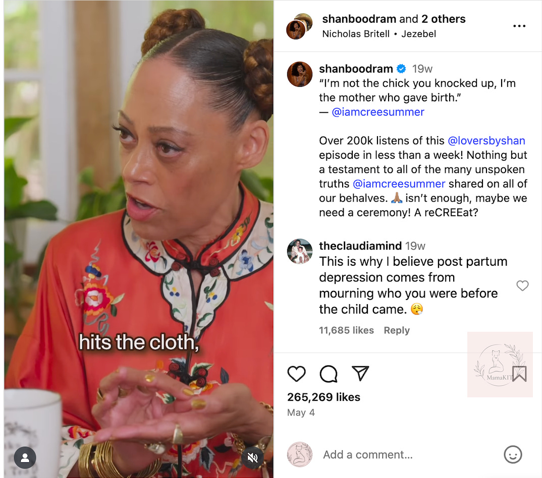 Screenshot of Instagram reel on birth rituals, credited to @shanboodram, @iamcreesummer, and @loversbyshan.