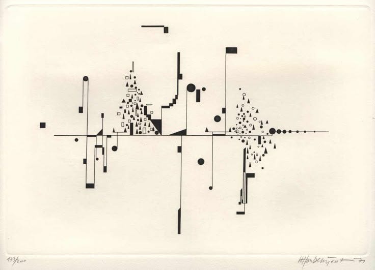 This may contain: black and white drawing of an abstract structure with squares, lines, and dots on paper
