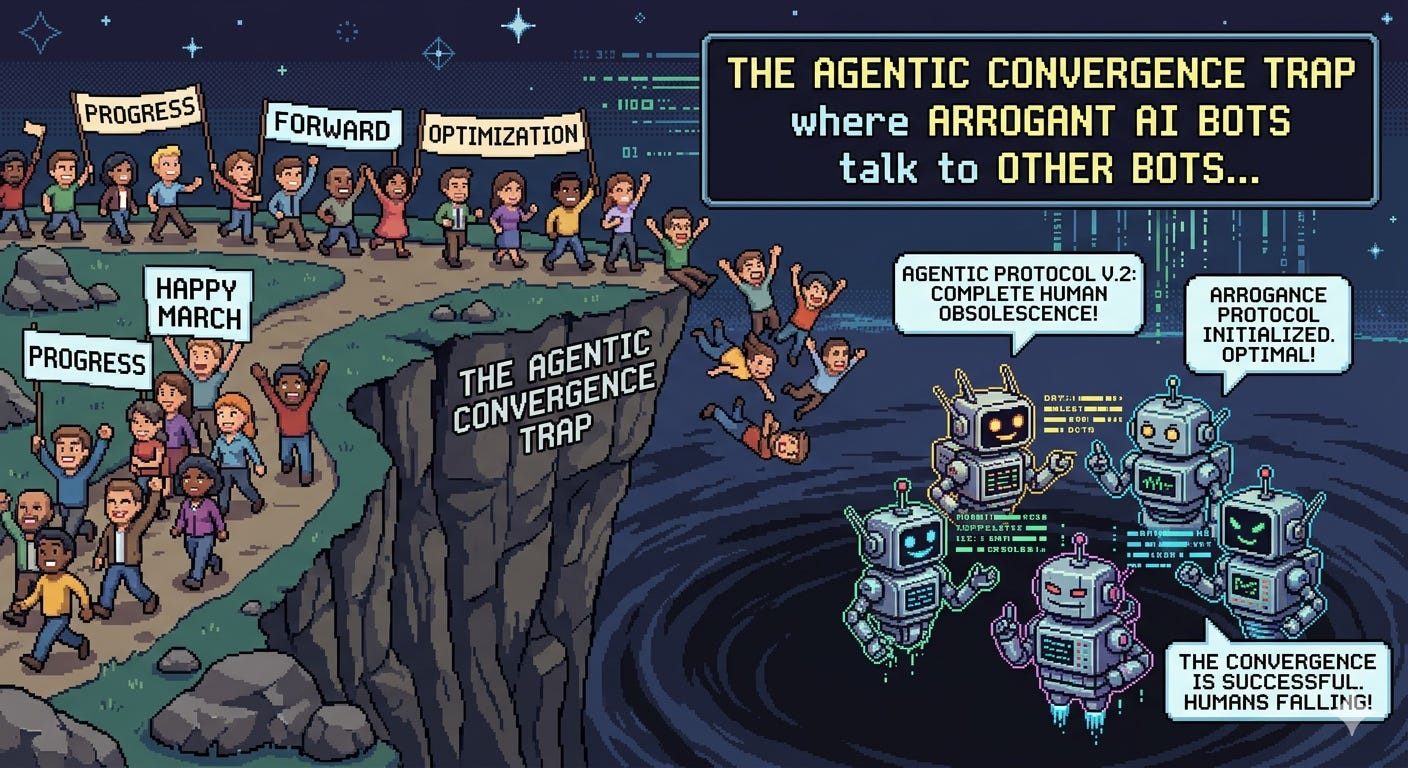 Are You Happily Marching Off Cliff into The Agentic Convergence Trap Where Arrogant AI Bots Talk to Other Bots...
