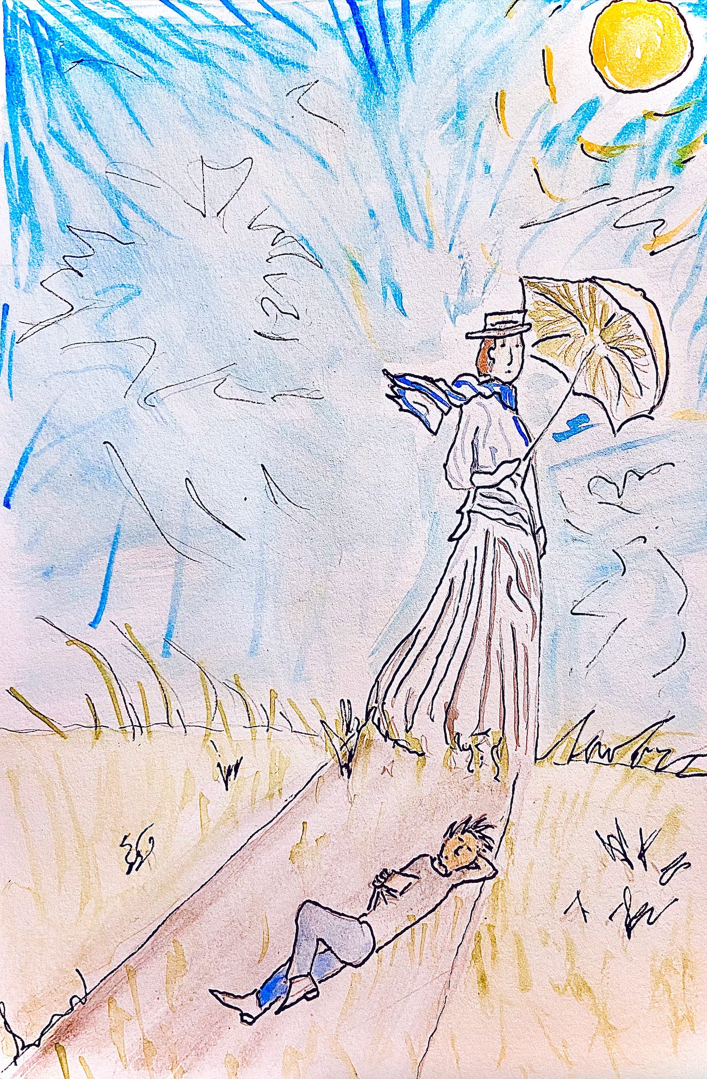 Man sleeping in the shadow of Monet's "Woman with Parasol Facing Left" Man sleeping in the shadow of Monet's "Woman with Parasol Facing Left"