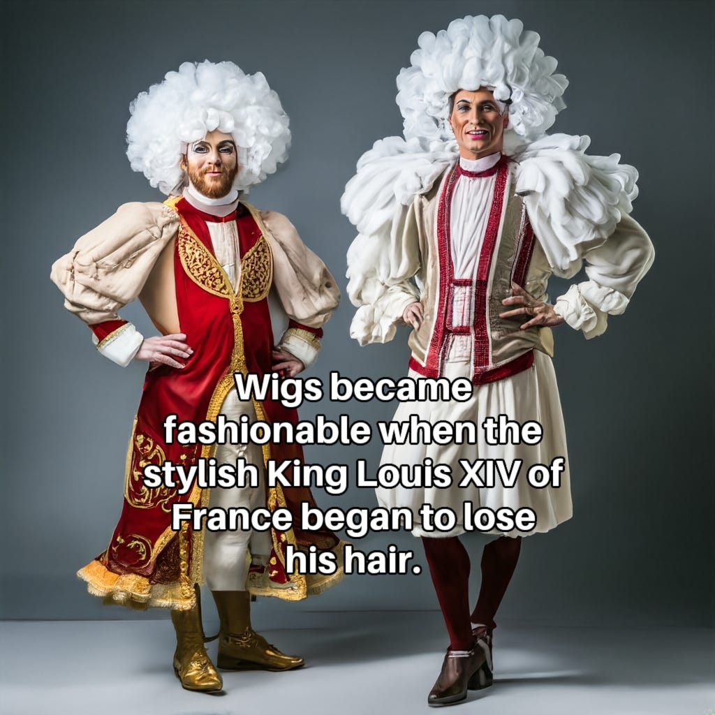 Photo of two white men in the 1700s embracing outrageous fashion with elaborate wigs, dandy clothing and makeup. Inset  caption: "Wigs became fashionable in the 1700s when stylish King Louis XIV started losing his hair."