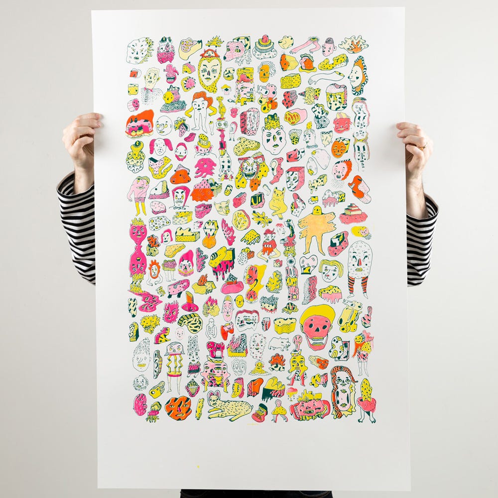 A large, hand-drawn screen printed poster filled with colorful, abstract characters, faces, and objects. The design uses bold lines and bright colors—pink, yellow, and orange—creating a dynamic and energetic composition with a sense of movement and expression.