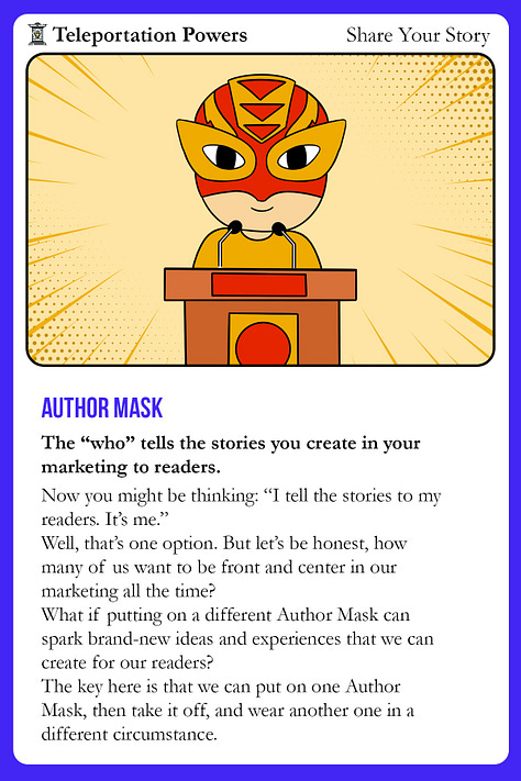 These are 5 images from the upcoming release of the Author Marketing Superpower Deck. Each image contains one of the teleportation powers, a description of the power, and a beautiful illustration to go along with it.