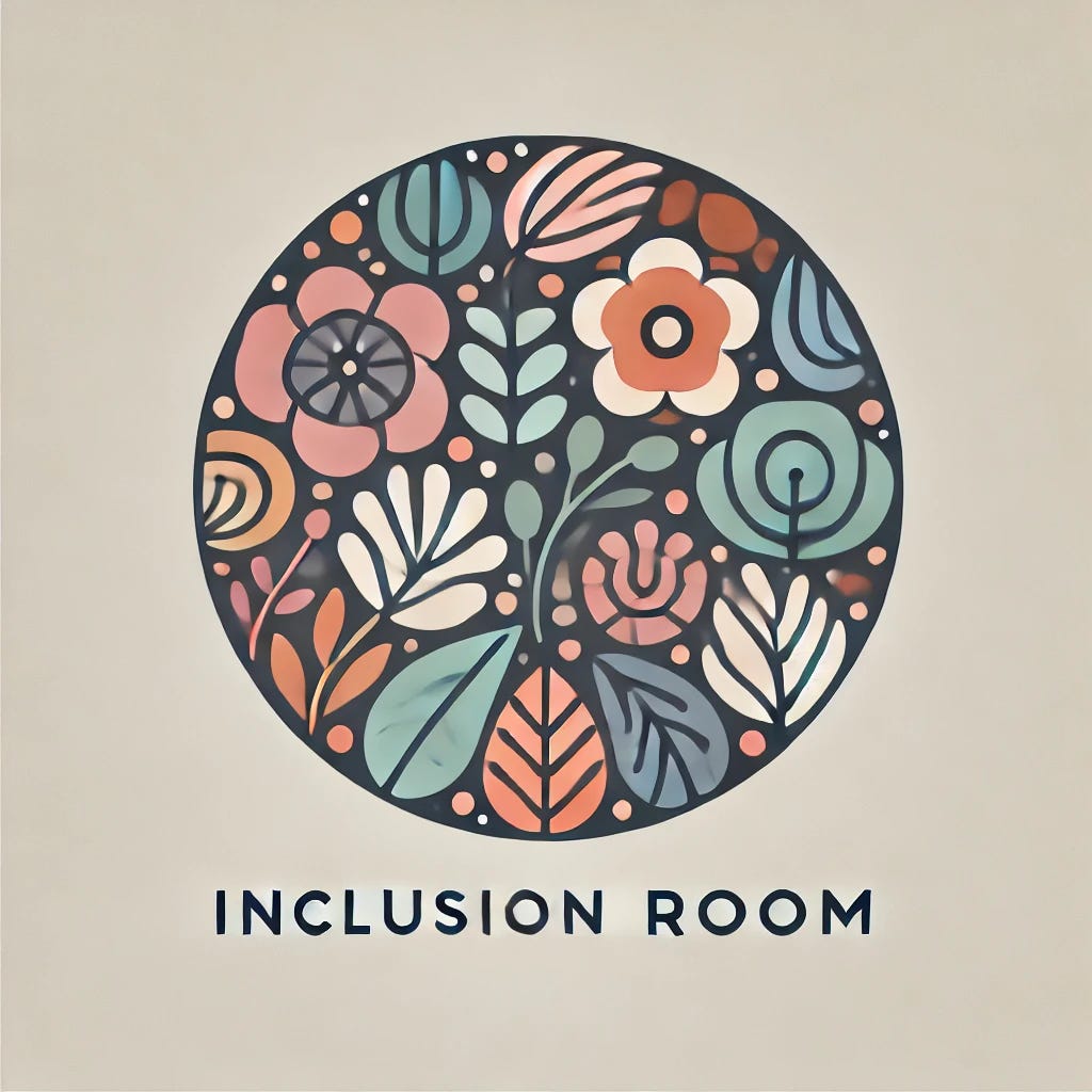 Circular floral badge with compass, path, and diverse figures—‘The 5% Challenge’ in Inclusion Room colors.