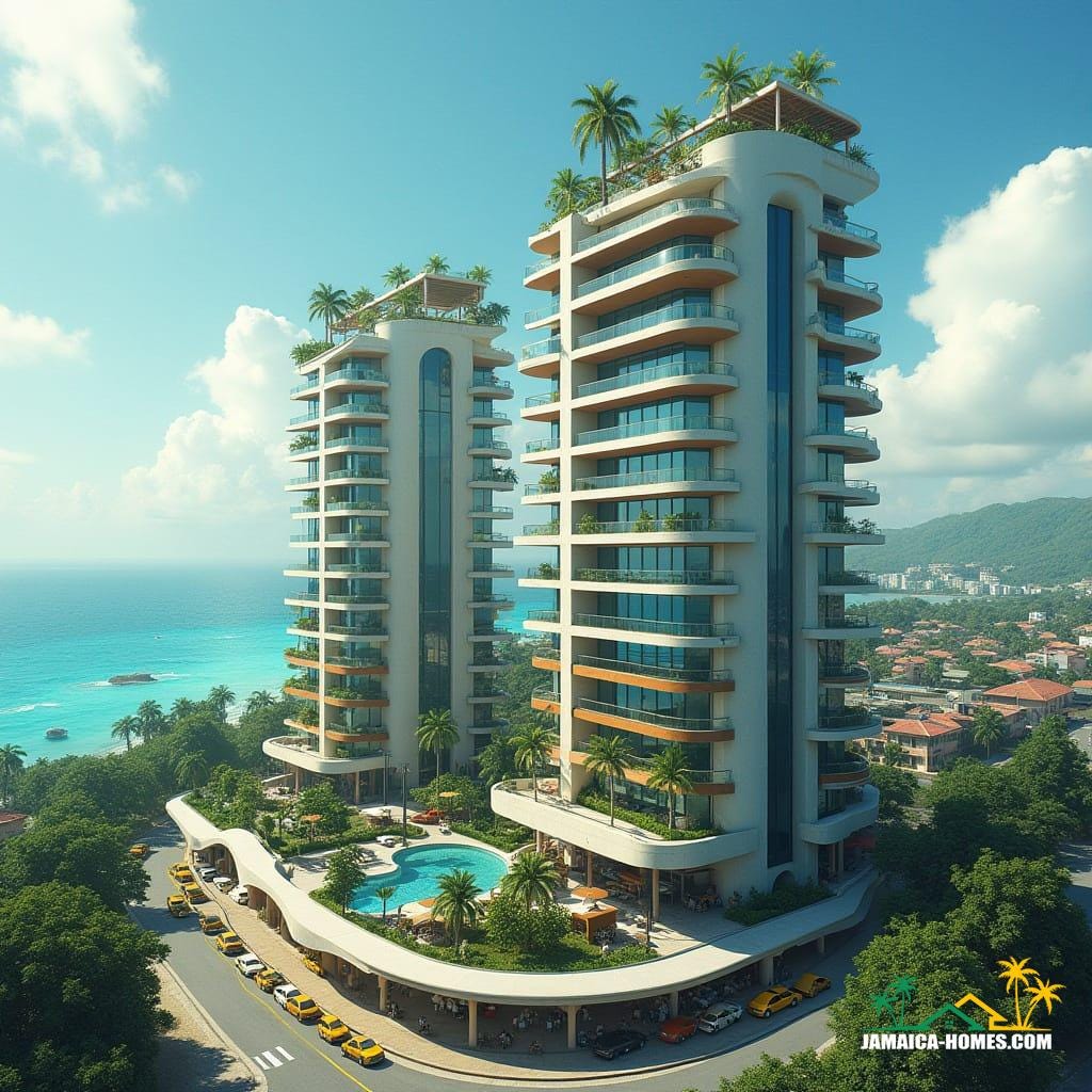 Montego Bay, imagined in 2050: a multi-tower complex pushing the limits of vertical and horizontal living, sky parks and rooftop petrol stations, solar and wind tech integrated into facades