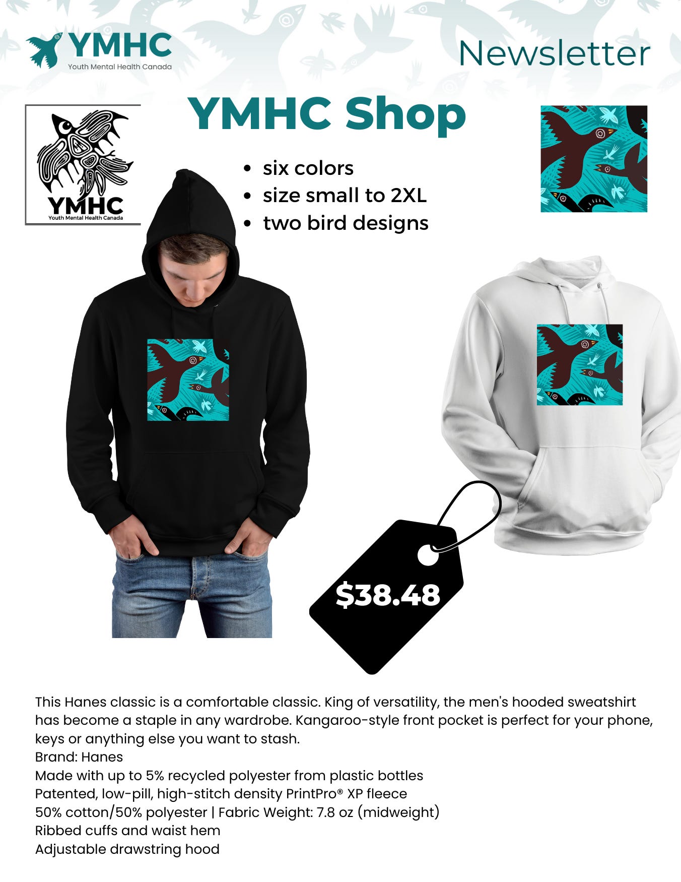 YMHC Shop hoodie in black and white with teal and brown bird design, available in six colors and sizes small to 2XL, priced at $38.48, featuring kangaroo pocket and made with recycled polyester.
