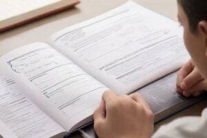 Student memorizing information from a textbook