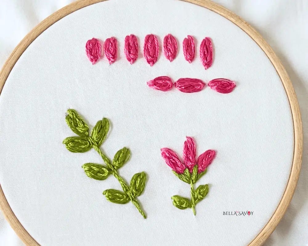 leaves, flowers, and decorative embroidery made with the oyster sitch