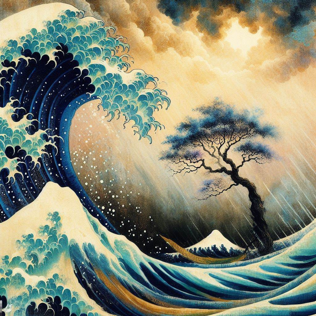 An abstract painting of a tree withstanding a storm. The painting conveys a message of hope, resilience, endurance. The painting is in the style of Japanese painting.