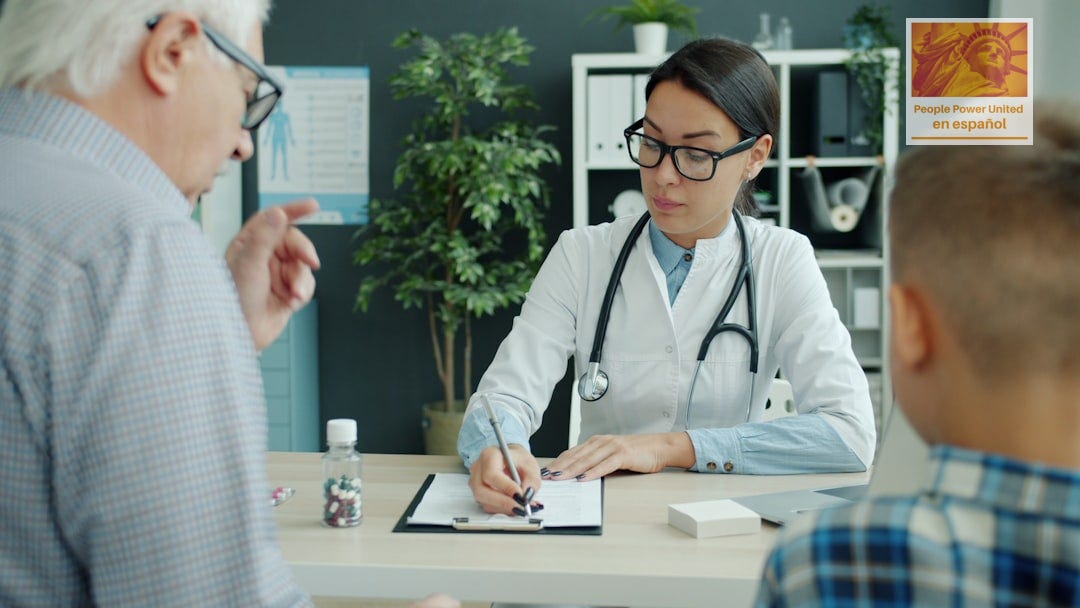 Doctor consults with elderly man and child.