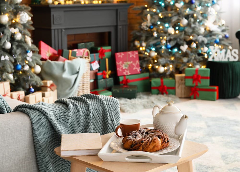 Christmas reading on the couch with tea and treats