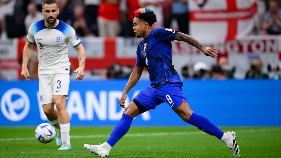Weston McKennie of the U.S. controls the ball while England's Luke Shaw looks on Weston McKennie of the U.S. controls the ball while England's Luke Shaw looks on
