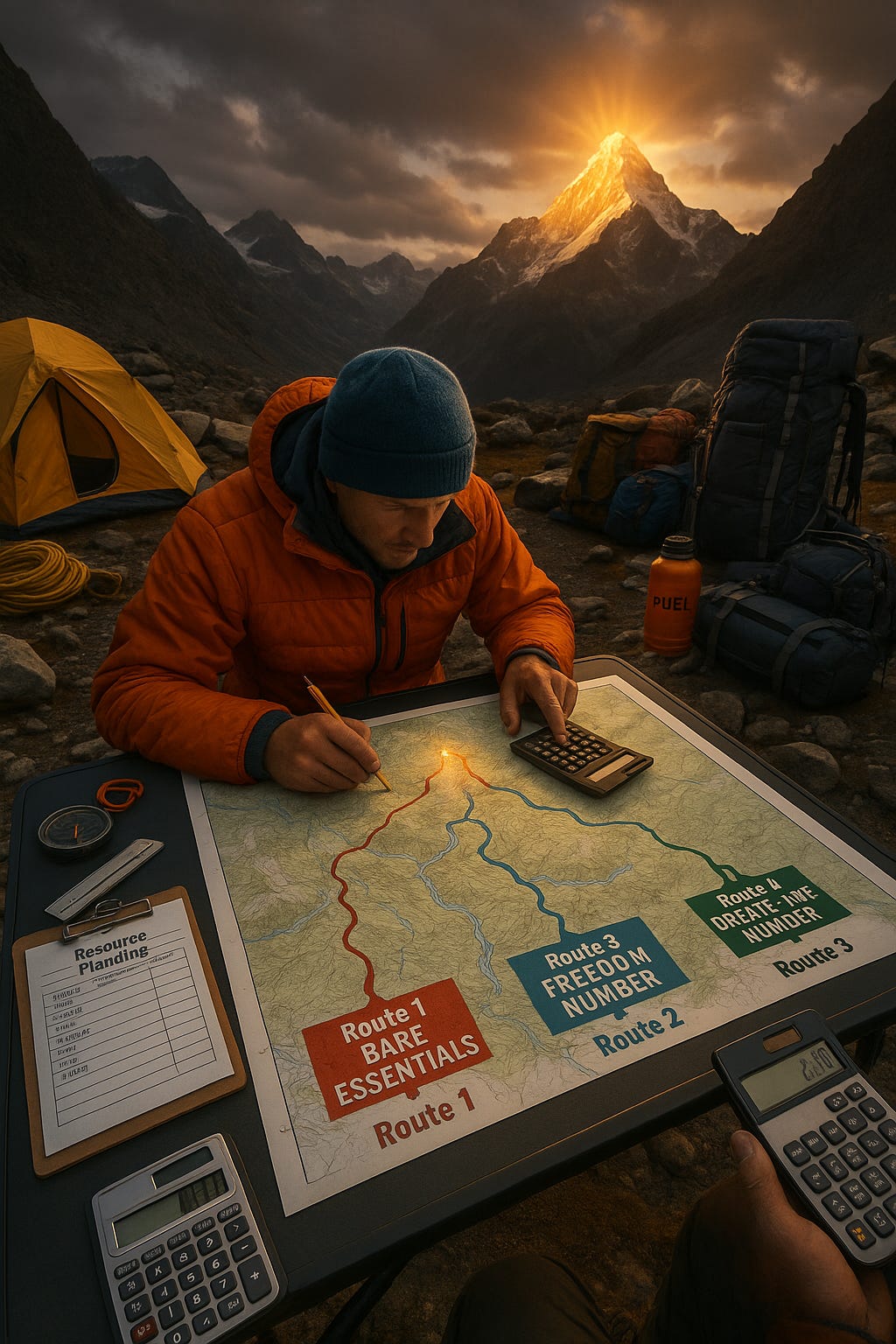 AI generated image for prompt: A mountaineer at base camp wit...