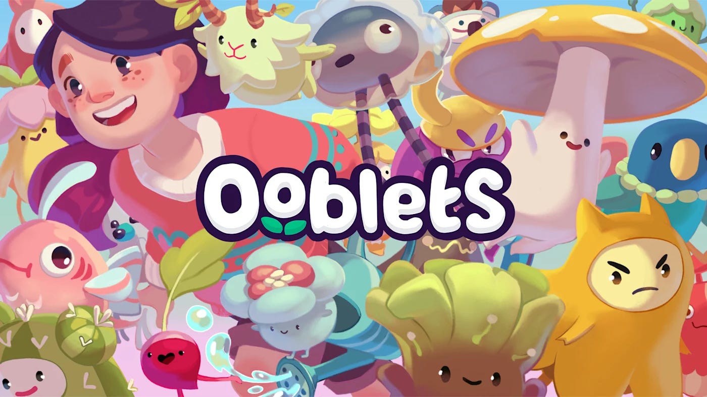 Cover illustration for the game Oooblets featuring many cute and colorful monster illustrations surrounding one cartoon human all looking joyful