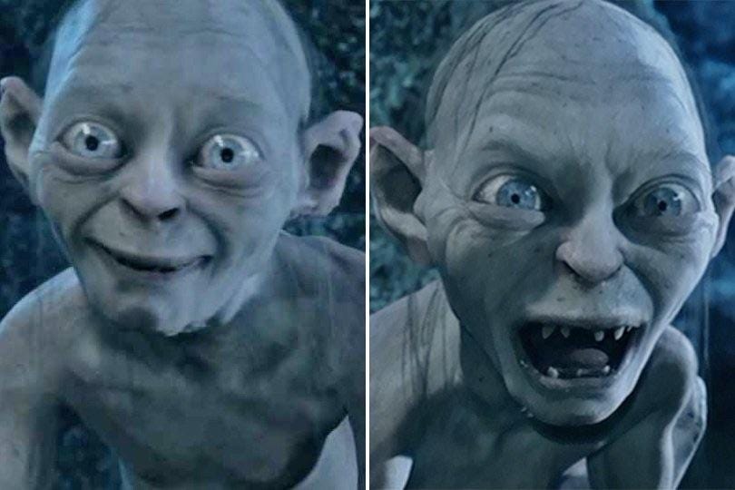 split image; one side golem looking happy; one golem looking evil