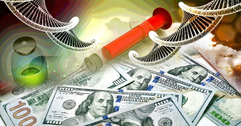 vaccine syringe and bottle with mrna strand and money